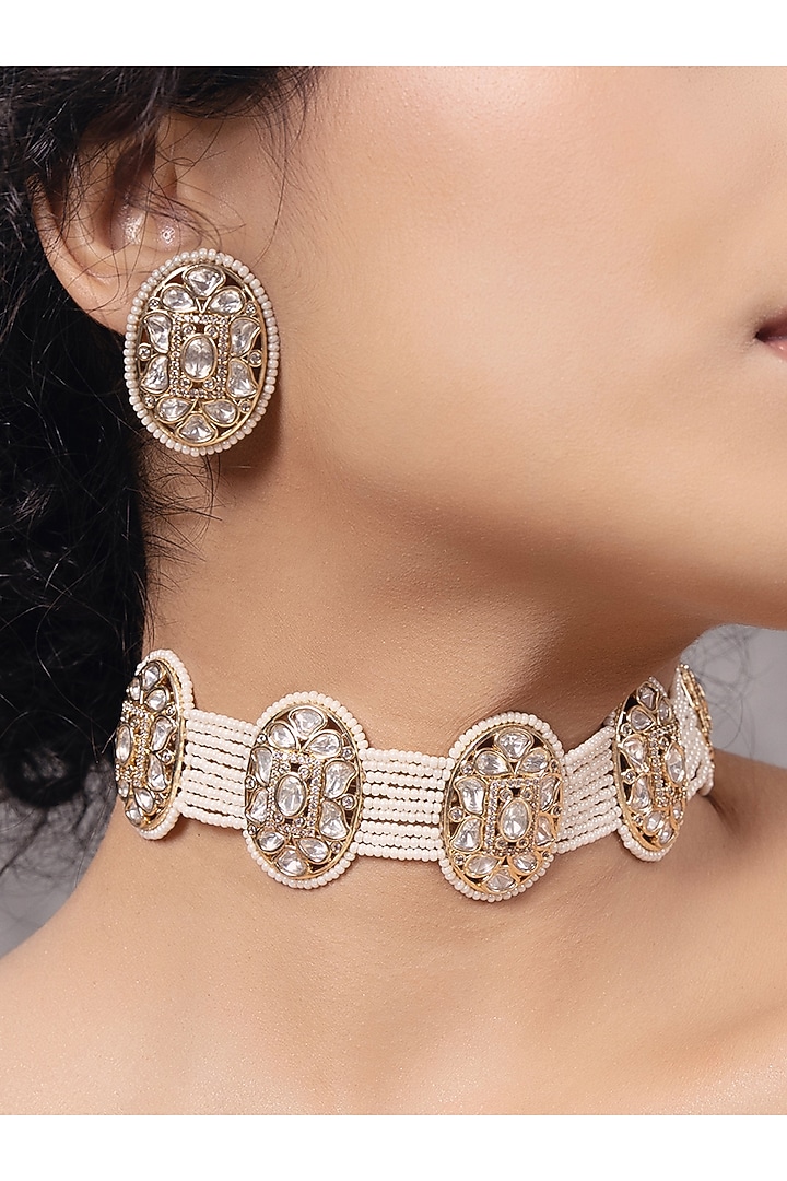 Gold Finish Kundan Polki & Pearl Choker Necklace Set by Joules By Radhika at Pernia's Pop Up Shop