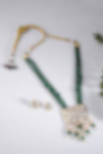 Gold Finish Green Beaded Pendant Necklace Set by Joules By Radhika at Pernia's Pop Up Shop