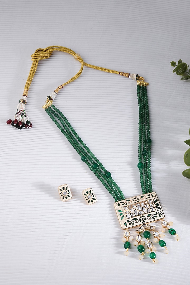 Gold Finish Green Beaded Pendant Necklace Set by Joules By Radhika at Pernia's Pop Up Shop