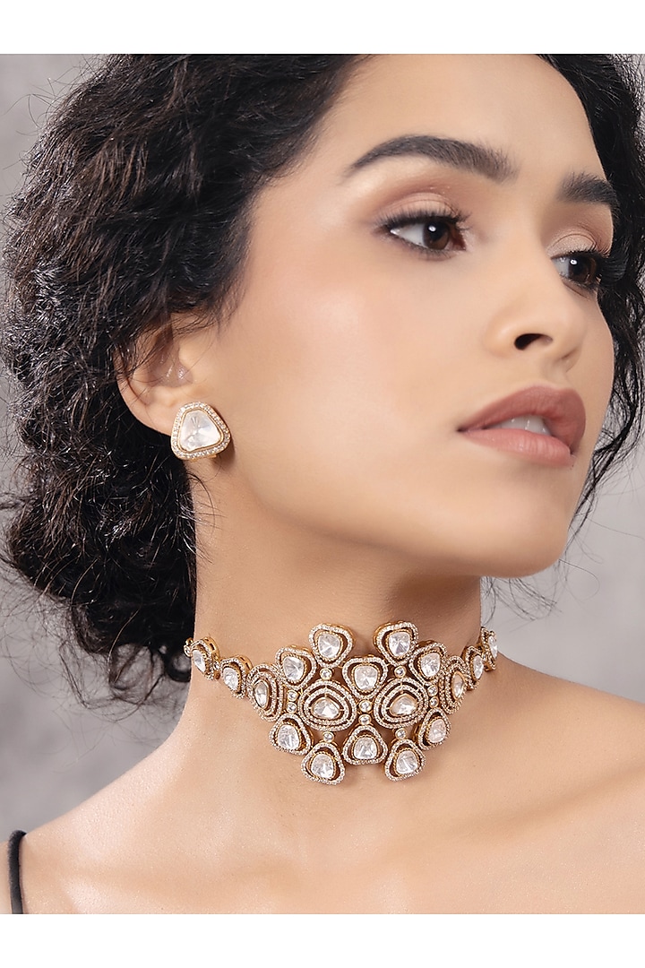 Gold Finish Kundan Polki & Pearl Choker Necklace by Joules By Radhika at Pernia's Pop Up Shop