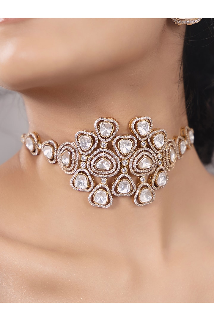 Gold Finish Kundan Polki & Pearl Choker Necklace by Joules By Radhika at Pernia's Pop Up Shop