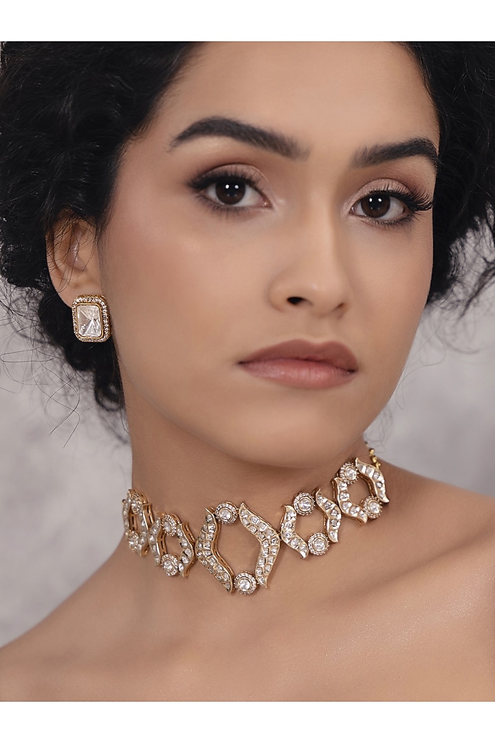 Gold Finish Kundan Polki & Pearl Choker Necklace by Joules By Radhika at Pernia's Pop Up Shop
