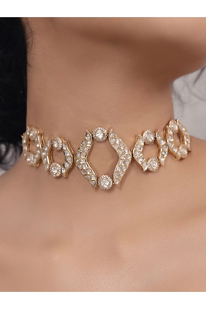 Gold Finish Kundan Polki & Pearl Choker Necklace by Joules By Radhika at Pernia's Pop Up Shop