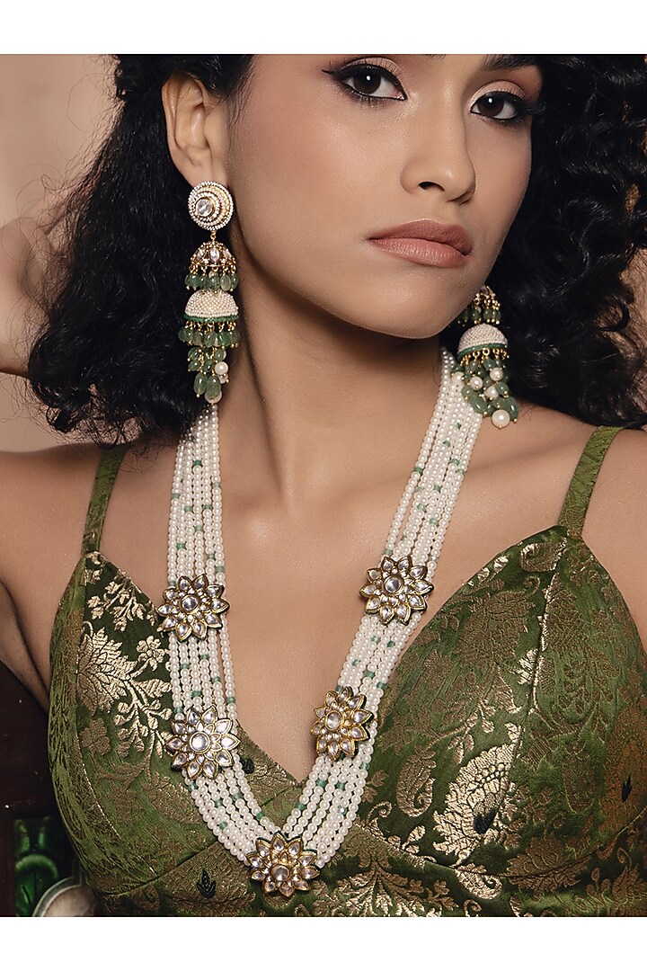 Gold Finish Kundan Polki & Pearl Necklace by Joules By Radhika at Pernia's Pop Up Shop
