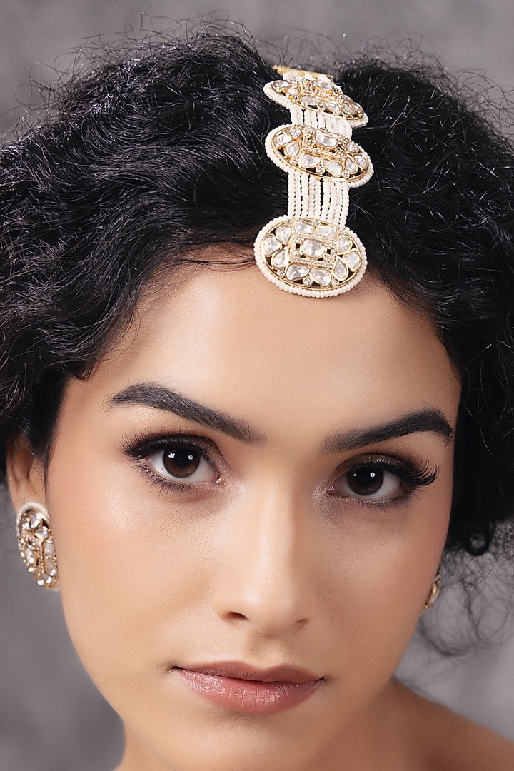 Gold Finish Kundan Polki & Pearl Maangtikka by Joules By Radhika at Pernia's Pop Up Shop
