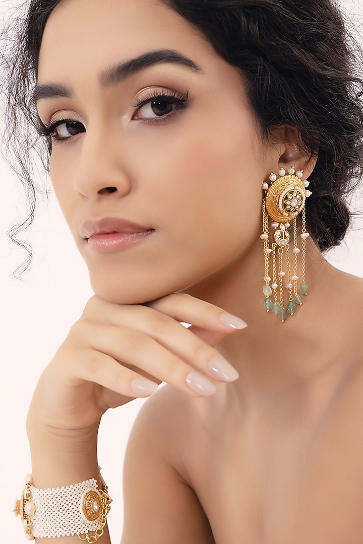 Gold Finish Kundan Polki & Pearl Dangler Earrings by Joules By Radhika at Pernia's Pop Up Shop
