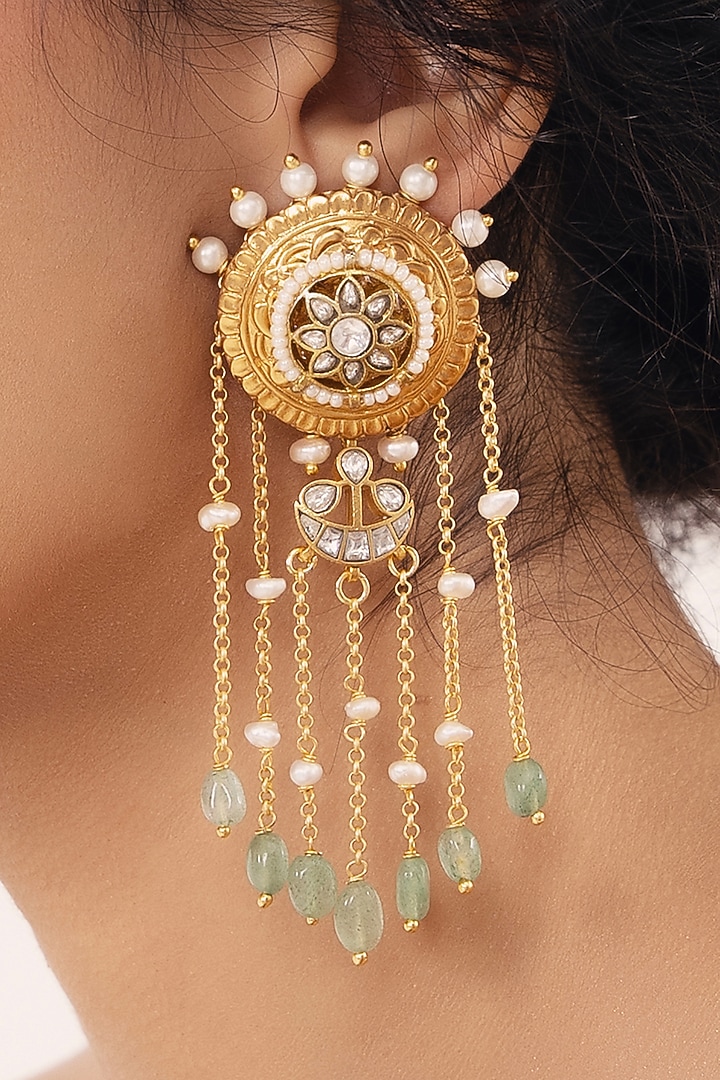 Gold Finish Kundan Polki & Pearl Dangler Earrings by Joules By Radhika at Pernia's Pop Up Shop