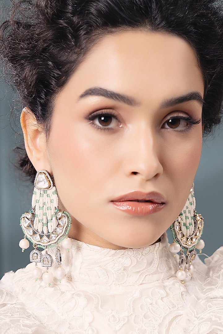 Gold Finish Kundan Polki & Pearl Chandbali Earrings by Joules By Radhika at Pernia's Pop Up Shop
