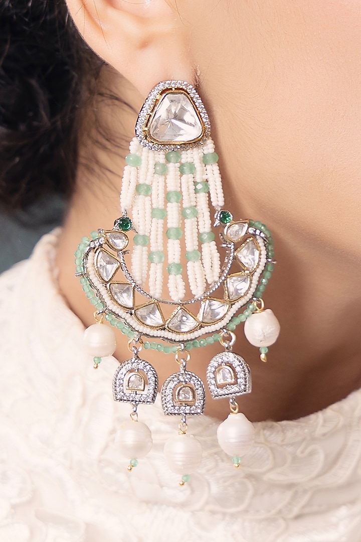 Gold Finish Kundan Polki & Pearl Chandbali Earrings by Joules By Radhika at Pernia's Pop Up Shop