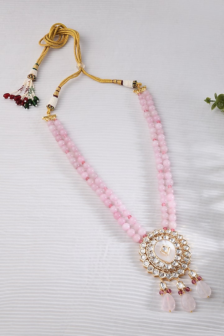 Gold Finish Pink Kundan Polki Beaded Necklace by Joules By Radhika at Pernia's Pop Up Shop