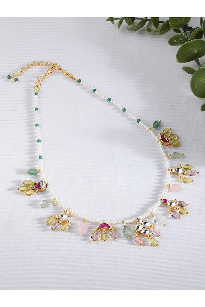 Gold Finish Pearl & Multi-Colored Jade Beaded Necklace by Joules By Radhika at Pernia's Pop Up Shop