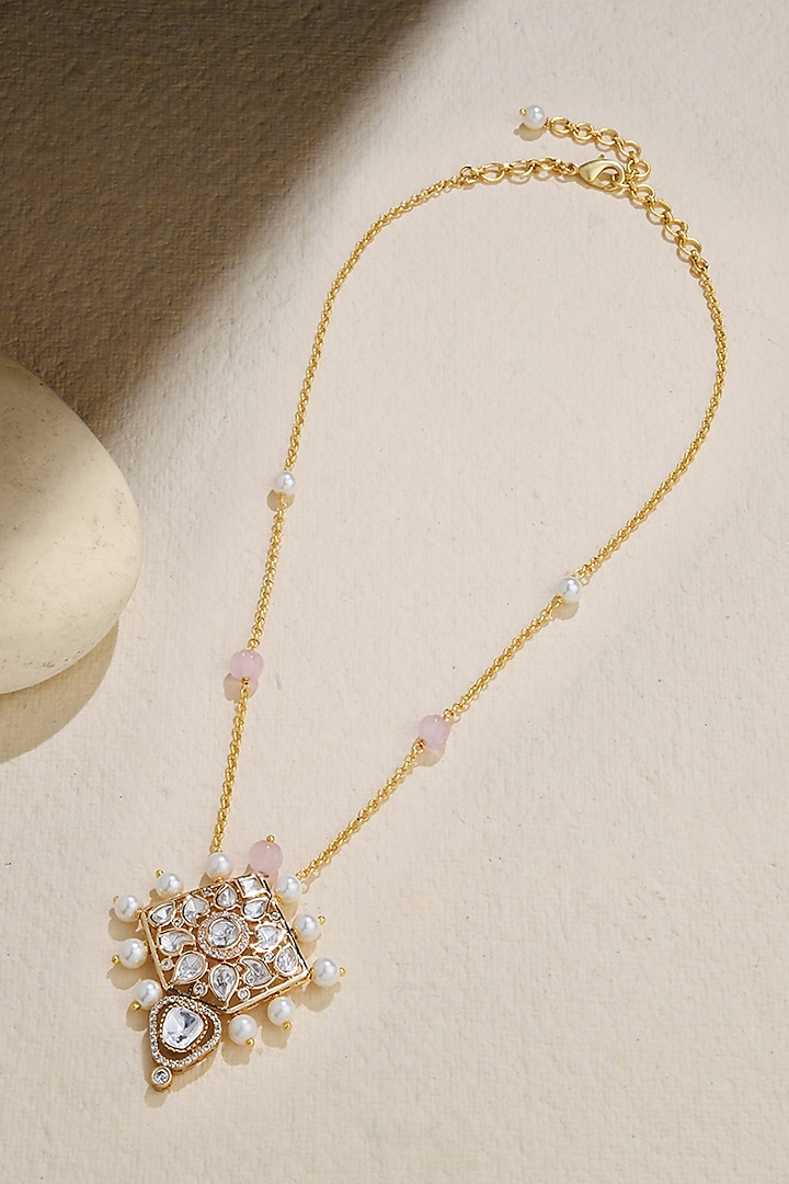 Gold Finish Kundan Polki & Pearl Pendant Necklace by Joules By Radhika at Pernia's Pop Up Shop