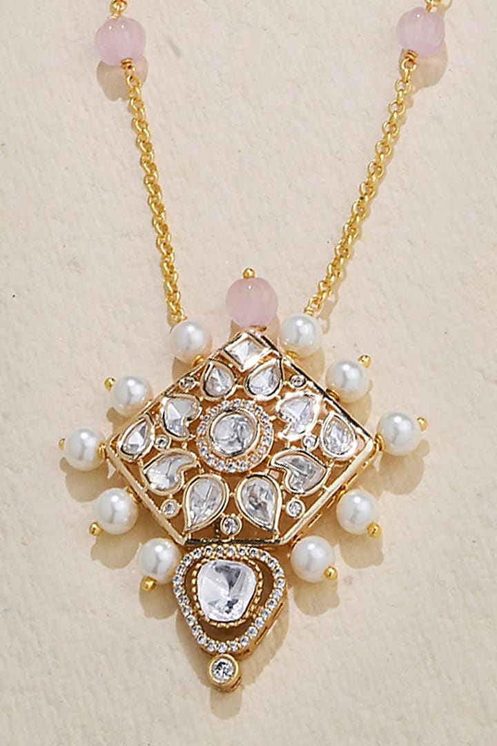 Gold Finish Kundan Polki & Pearl Pendant Necklace by Joules By Radhika at Pernia's Pop Up Shop
