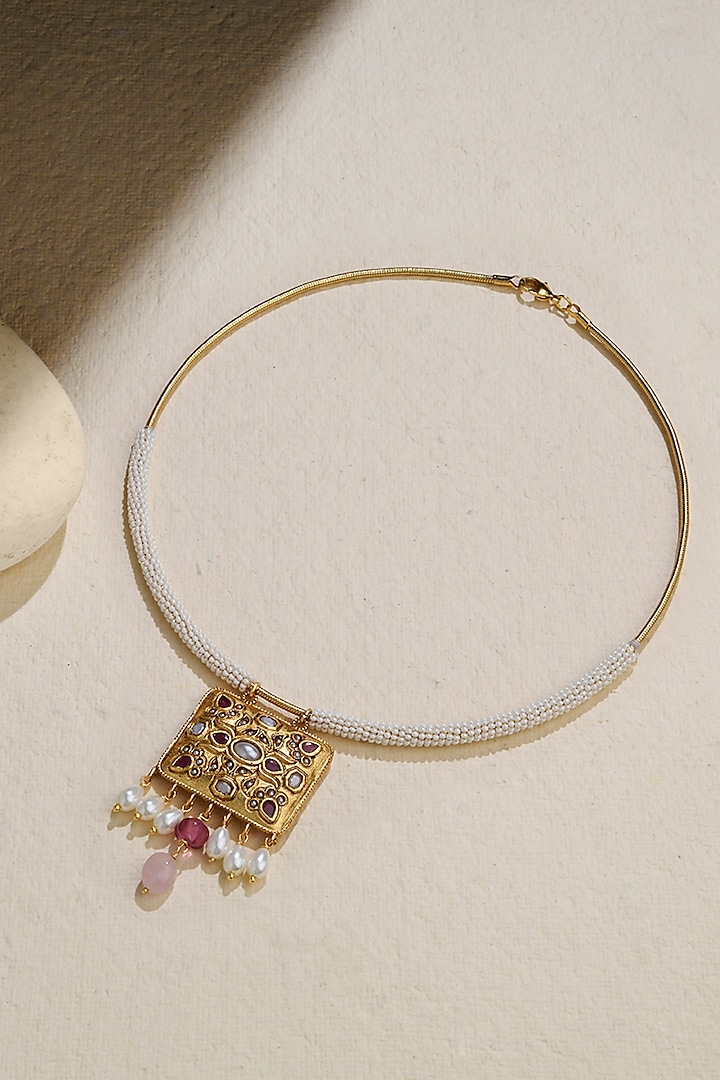 Gold Finish Pearl Temple Necklace by Joules By Radhika at Pernia's Pop Up Shop