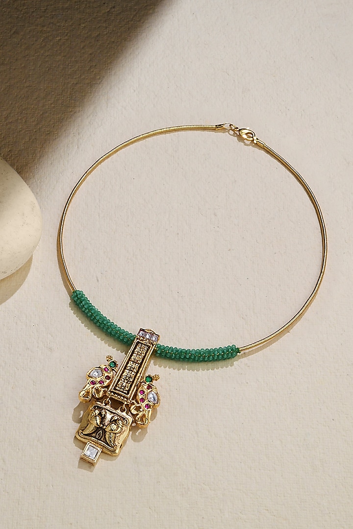 Gold Finish Green Beaded Wire Necklace by Joules By Radhika at Pernia's Pop Up Shop