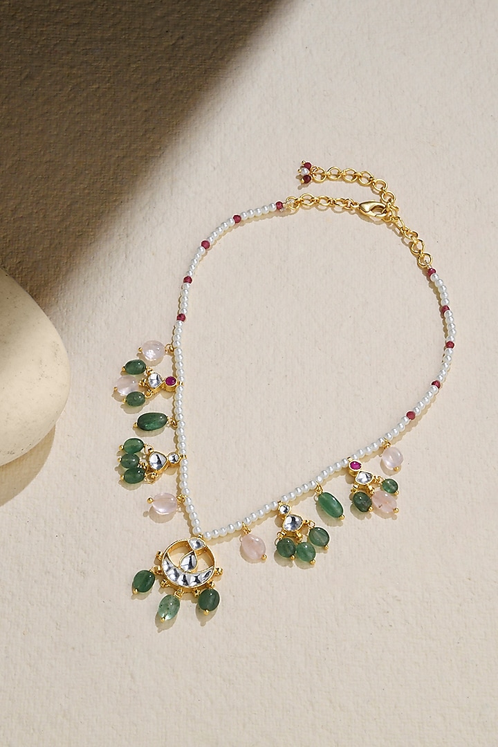 Gold Finish Kundan Polki & Multi-Colored Beaded Necklace by Joules By Radhika at Pernia's Pop Up Shop