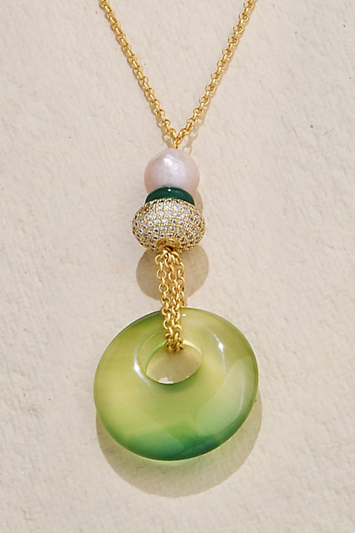 Gold Finish Green Jade Stone Donut Shaped Pendant Necklace by