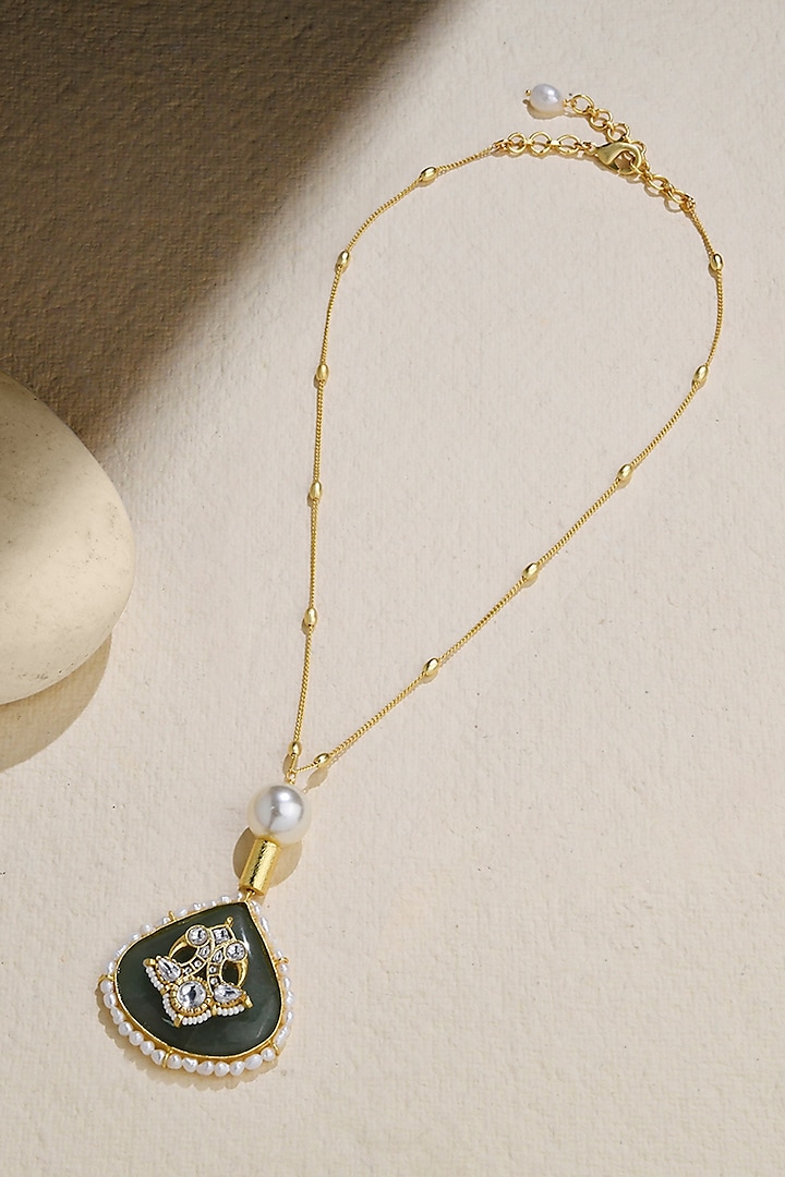 Gold Finish Green Stone & Pearl Necklace by Joules By Radhika at Pernia's Pop Up Shop