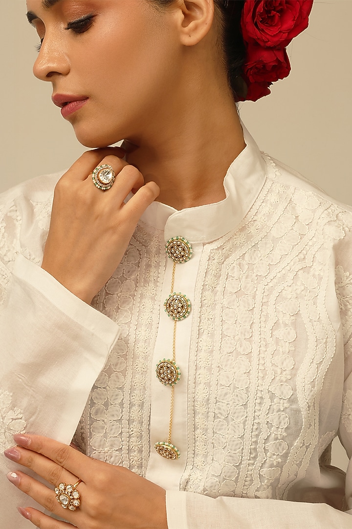 Gold Finish Brass Tarvika Buttons With Chain (Set Of 4) by Joules By Radhika at Pernia's Pop Up Shop