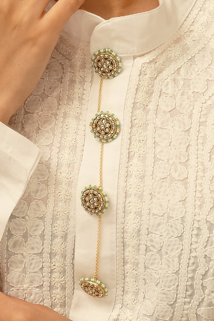 Gold Finish Brass Tarvika Buttons With Chain (Set Of 4) by Joules By Radhika at Pernia's Pop Up Shop