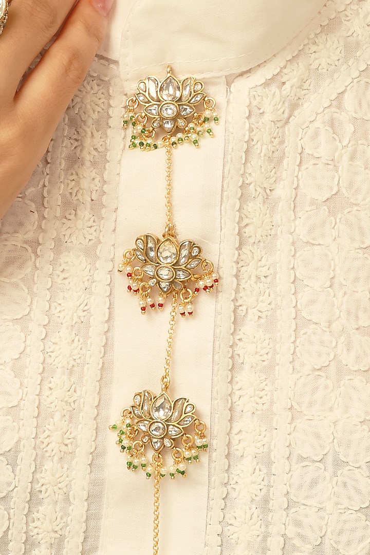 Gold Finish Brass Veshaya Buttons With Chain (Set Of 4) by Joules By Radhika at Pernia's Pop Up Shop