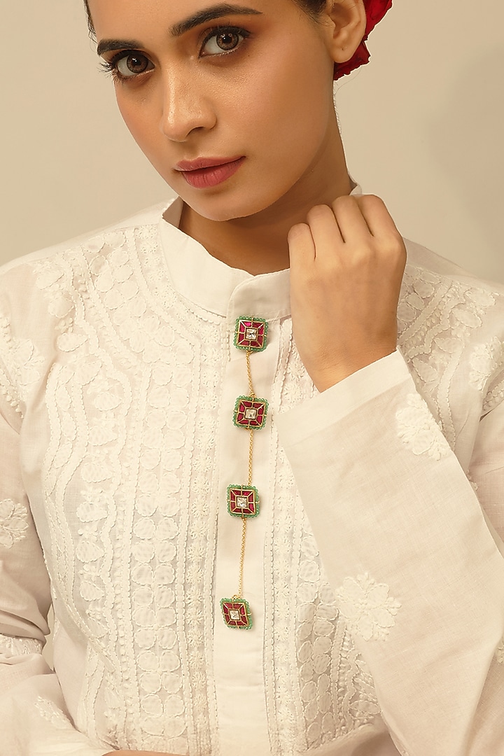 Gold Finish Brass Nirvani Buttons With Chain (Set Of 4) by Joules By Radhika at Pernia's Pop Up Shop
