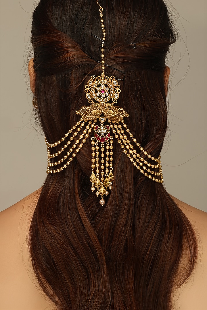 Gold Finish Brass Ravika Hair Brooch With Chain by Joules By Radhika at Pernia's Pop Up Shop