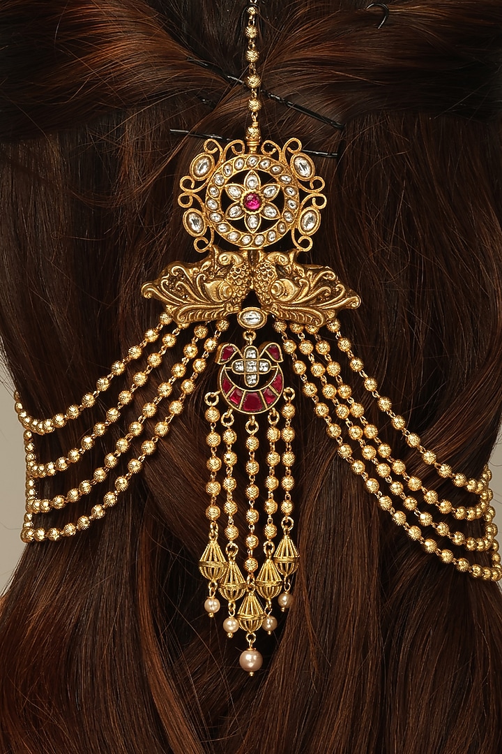 Gold Finish Brass Ravika Hair Brooch With Chain by Joules By Radhika at Pernia's Pop Up Shop