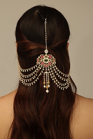Gold Finish Brass Tanishvi Hair Brooch With Chain by Joules By Radhika