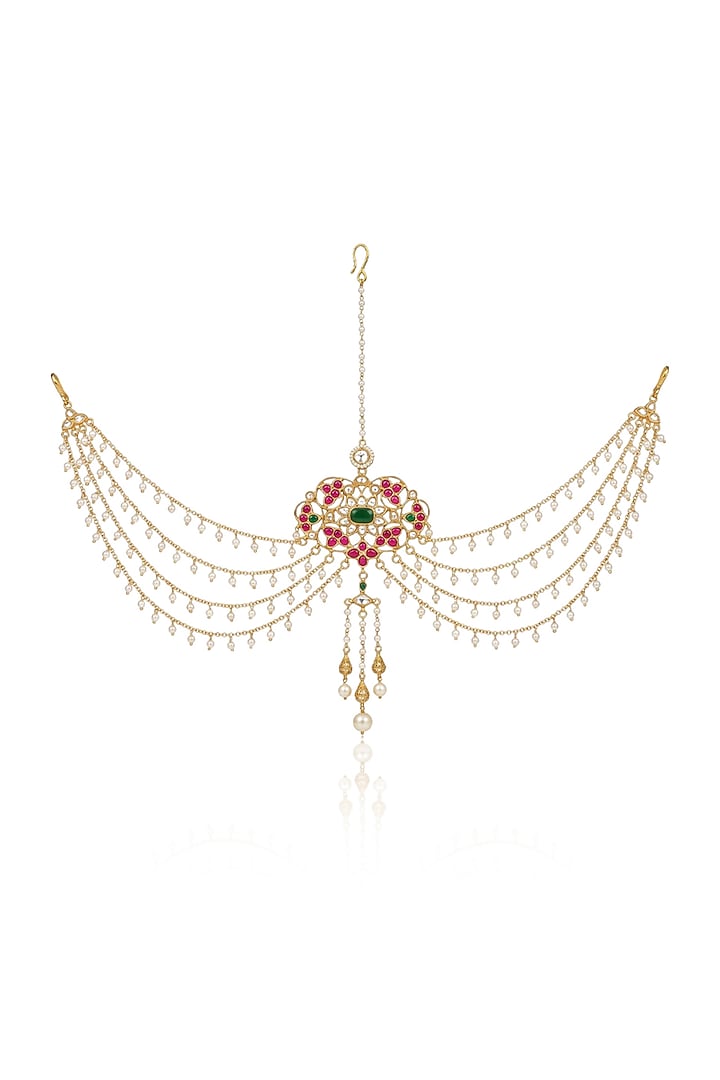 Gold Finish Brass Tanishvi Hair Brooch With Chain by Joules By Radhika at Pernia's Pop Up Shop