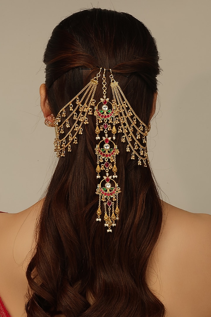Gold Finish Brass Savika Hair Brooch With Chain by Joules By Radhika at Pernia's Pop Up Shop
