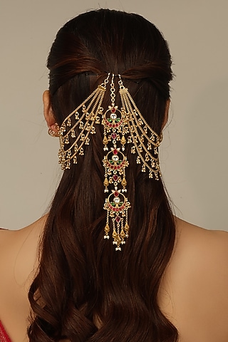 Gold Finish Brass Savika Hair Brooch With Chain by Joules By Radhika