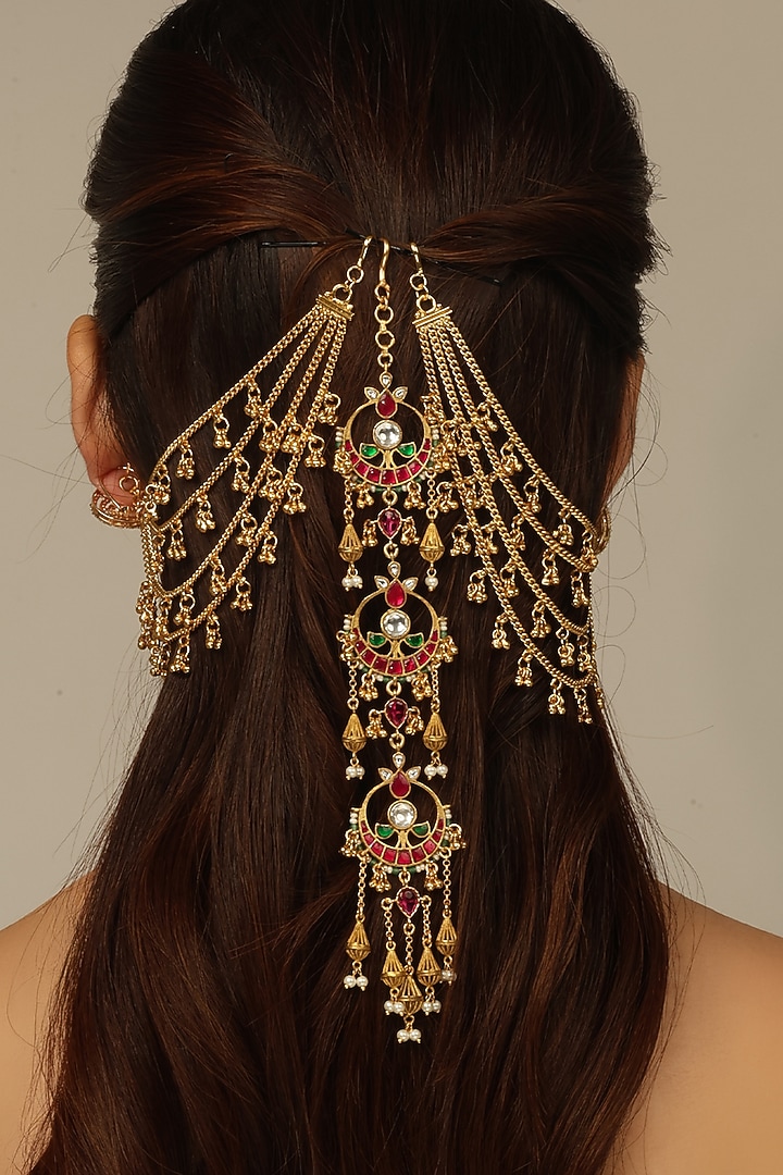 Gold Finish Brass Savika Hair Brooch With Chain by Joules By Radhika at Pernia's Pop Up Shop