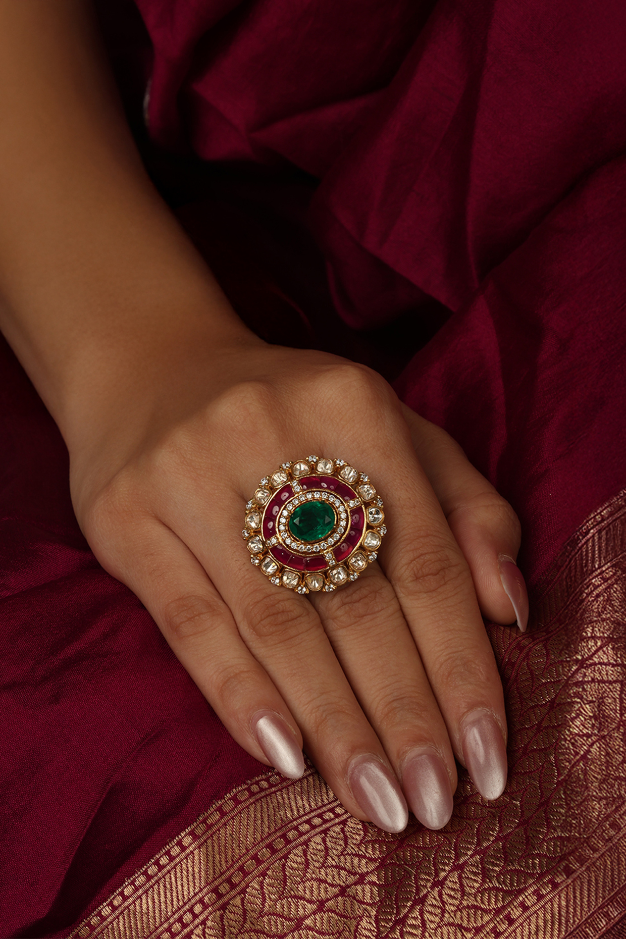 Gold Finish Brass Zaina Ring by Joules By Radhika