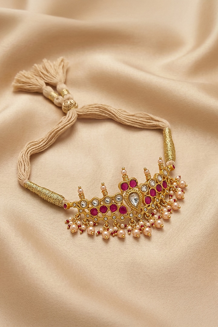 Gold Finish Kundan Polki & Red Stone Aavira Armlet by Joules By Radhika at Pernia's Pop Up Shop