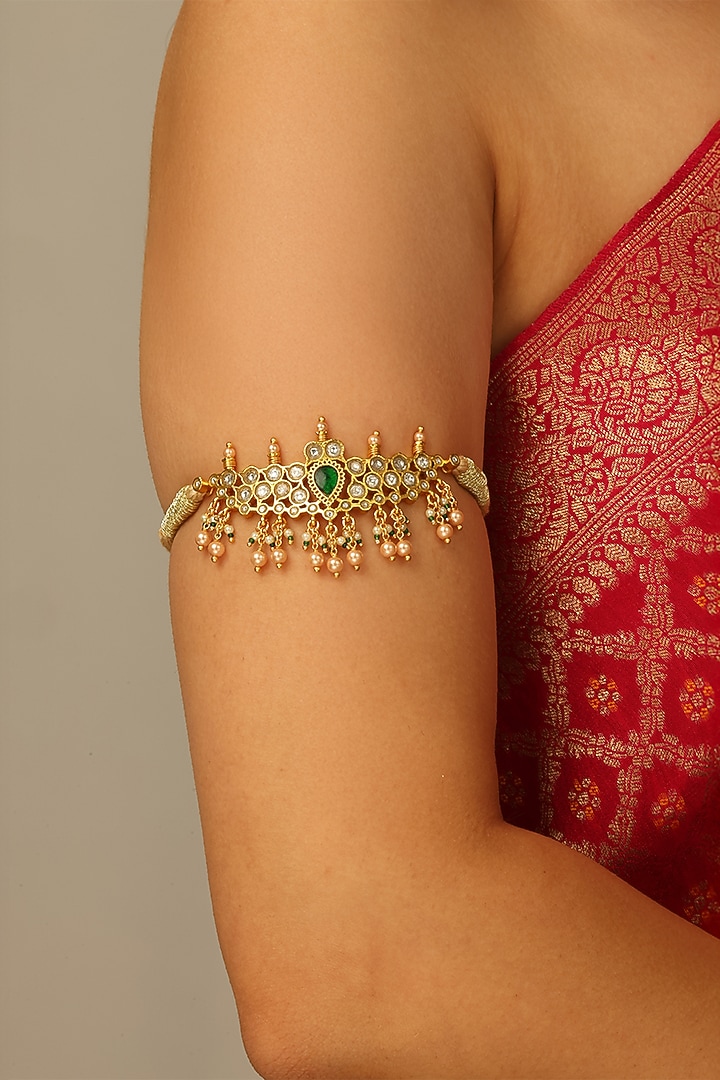 Gold Finish Kundan Polki & Green Stone Zaavya Armlet by Joules By Radhika at Pernia's Pop Up Shop