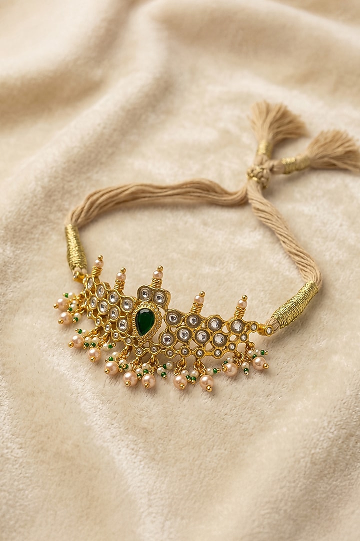Gold Finish Kundan Polki & Green Stone Zaavya Armlet by Joules By Radhika at Pernia's Pop Up Shop