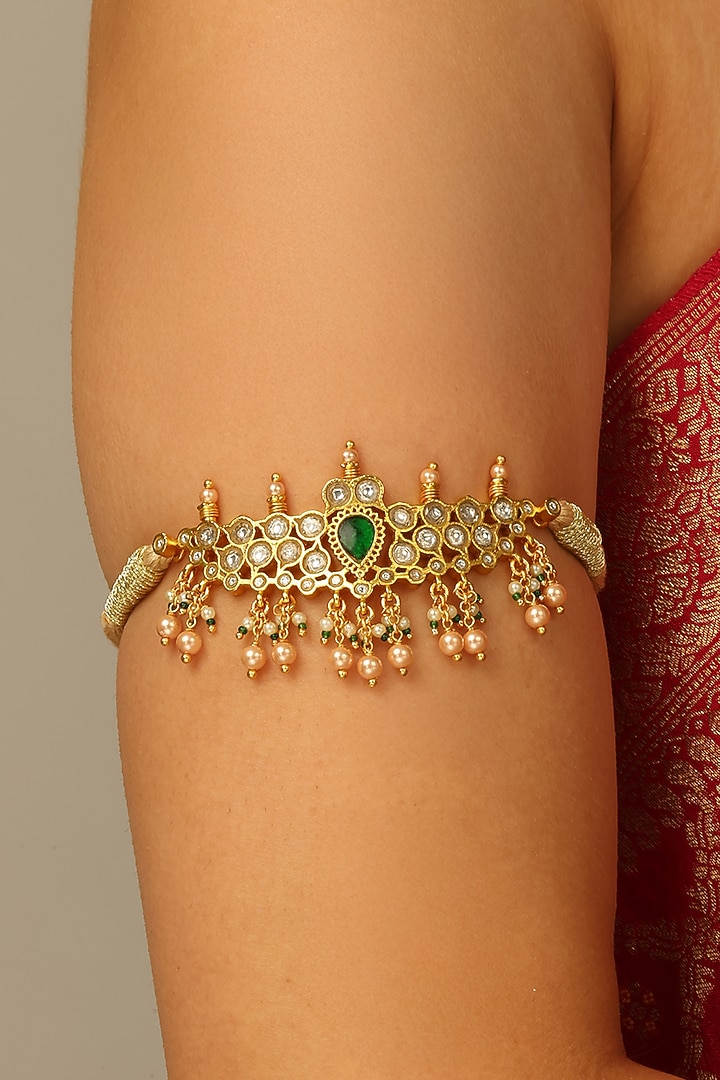 Gold Finish Kundan Polki & Green Stone Zaavya Armlet by Joules By Radhika at Pernia's Pop Up Shop