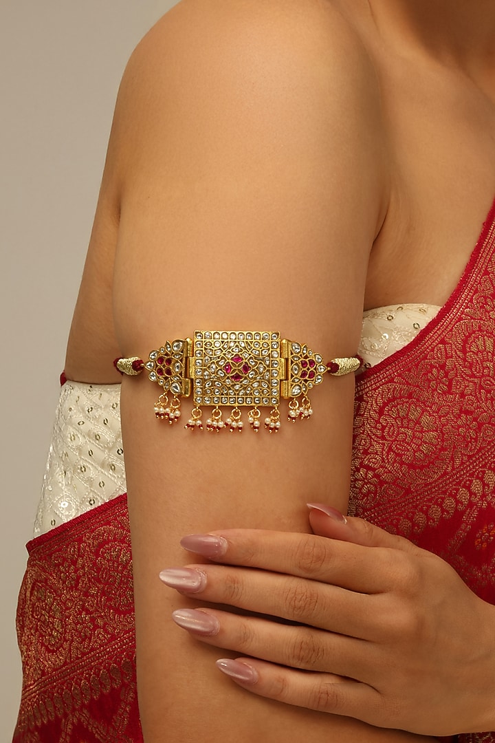 Gold Finish Kundan Polki & Red Stone Rayna Armlet by Joules By Radhika at Pernia's Pop Up Shop
