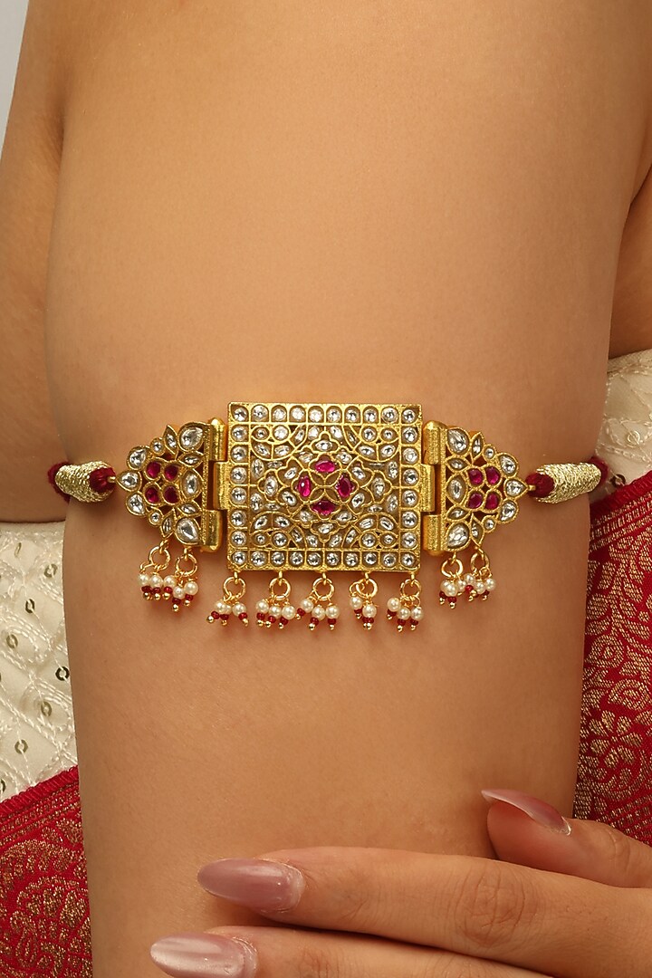 Gold Finish Kundan Polki & Red Stone Rayna Armlet by Joules By Radhika at Pernia's Pop Up Shop