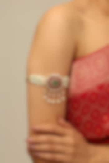 Gold Finish Red Kundan Polki & White Beaded Vihana Armlet by Joules By Radhika at Pernia's Pop Up Shop