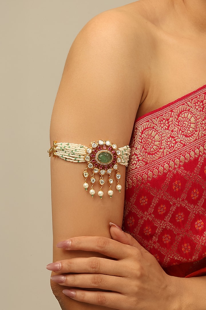 Gold Finish Red Kundan Polki & White Beaded Vihana Armlet by Joules By Radhika at Pernia's Pop Up Shop