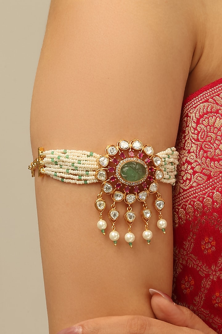 Gold Finish Red Kundan Polki & White Beaded Vihana Armlet by Joules By Radhika at Pernia's Pop Up Shop
