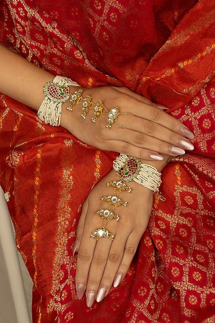 Gold Finish Kundan Polki & White Beaded Zavira Haathphool by Joules By Radhika at Pernia's Pop Up Shop