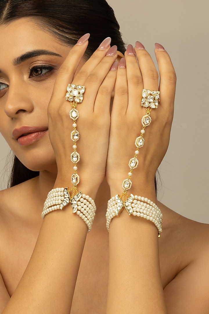 Gold Finish Kundan Polki & Pearl Riyana Haathphool by Joules By Radhika at Pernia's Pop Up Shop