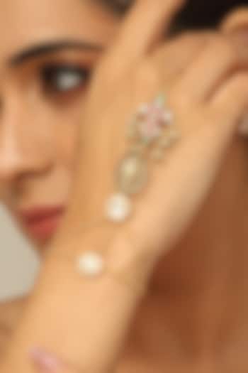 Gold Finish Multi-Colored Kundan Polki Reyana Haathphool by Joules By Radhika at Pernia's Pop Up Shop