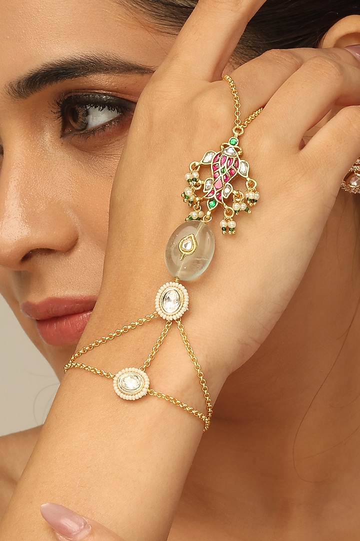 Gold Finish Multi-Colored Kundan Polki Reyana Haathphool by Joules By Radhika at Pernia's Pop Up Shop