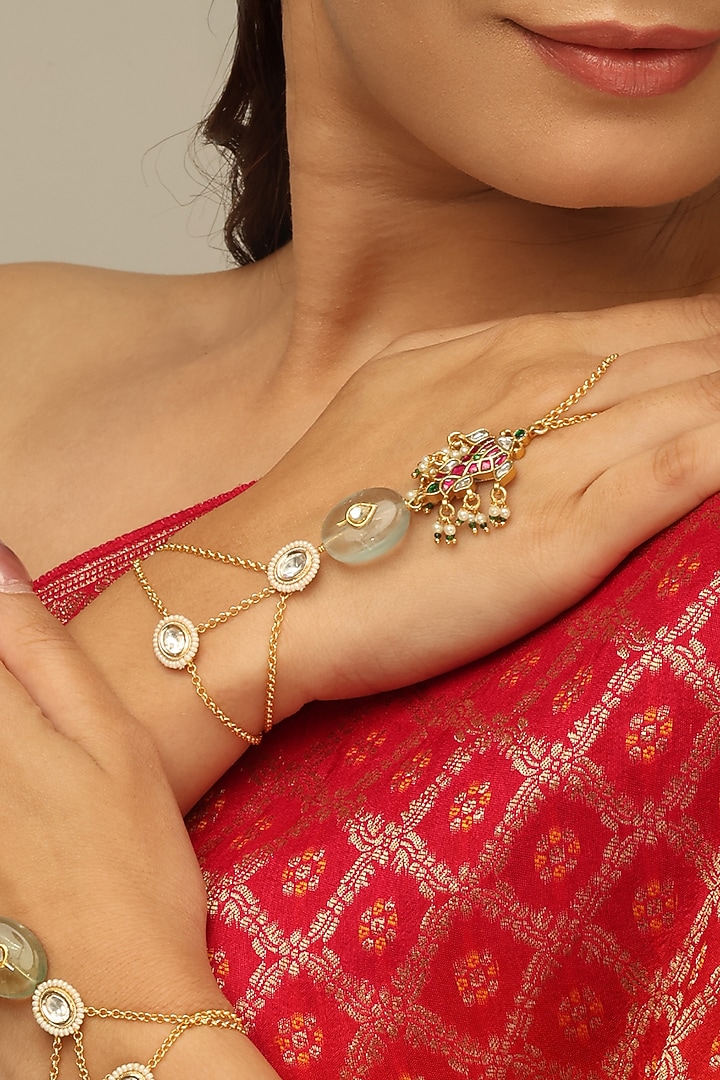 Gold Finish Multi-Colored Kundan Polki Reyana Haathphool by Joules By Radhika at Pernia's Pop Up Shop
