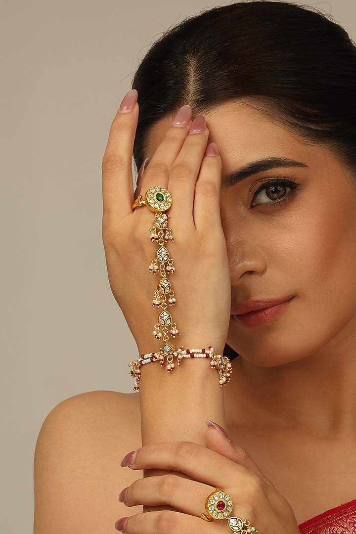 Gold Finish Kundan Polki & White Beaded Mehira Haathphool by Joules By Radhika at Pernia's Pop Up Shop