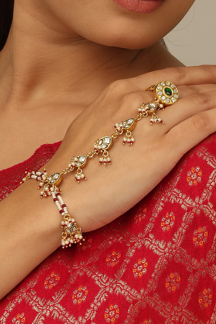 Gold Finish Kundan Polki & White Beaded Mehira Haathphool by Joules By Radhika at Pernia's Pop Up Shop